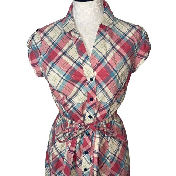 J Peterman Vintage Midi Dress Size 6 Pink Blue Cream Plaid Cotton Matching Belt - Picture 5 of 15